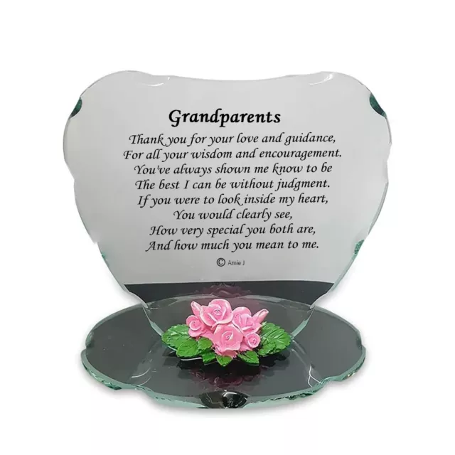 Glass Heart for Grandparents Poem and Porcelain Beautiful Flower Frame Plaque