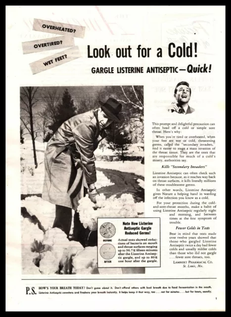 1950 Listerine Antiseptic Treatment Gargle Look Out For A Cold Vintage Print Ad