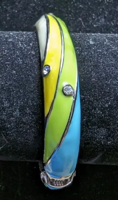 Bracelet Enameled Aqua Green Yellow Cuff Hinged Clear Stones oct23