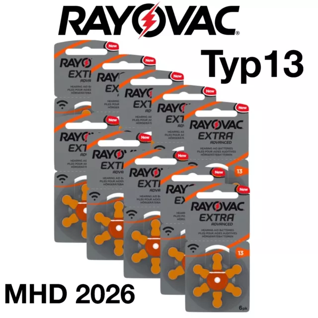 60x Rayovac Extra Advanced Hörgerätebatterien 13 PR48 orange +aus 2024+MHD 2027+