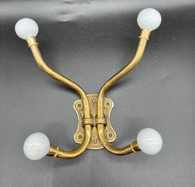Vintage brass 4 Hook Coat Rack w/white porcelain knobs