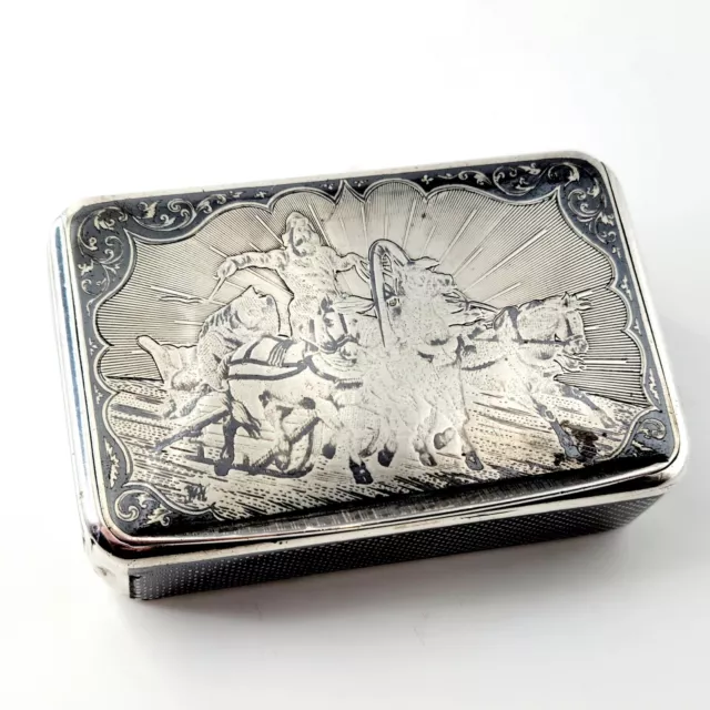 1874 Imperial Russian Niello Solid Silver Cigarette Case 84 With Troika Scene