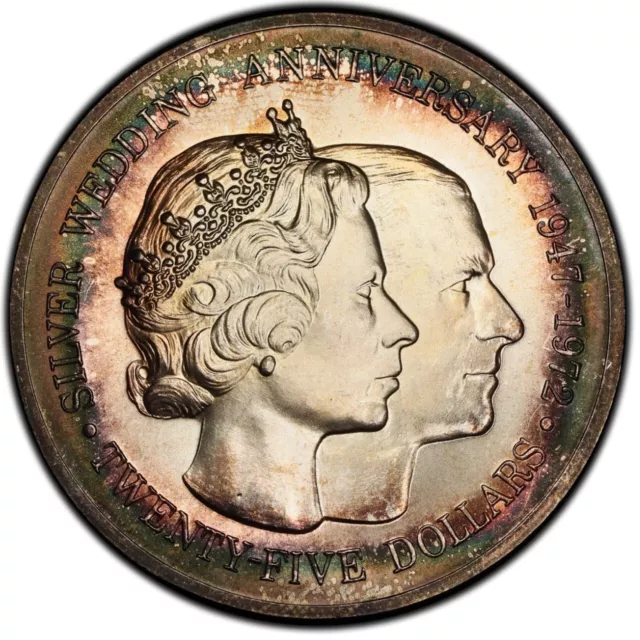 MS66 1972 $25 Cayman Islands Silver Wedding, PCGS Trueview- Pretty Toned