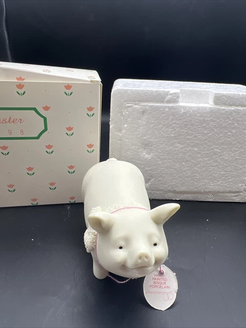 Vintage 1998 Handpainted Bisque Porcelain Pig Figurines Snowbunnies NIB
