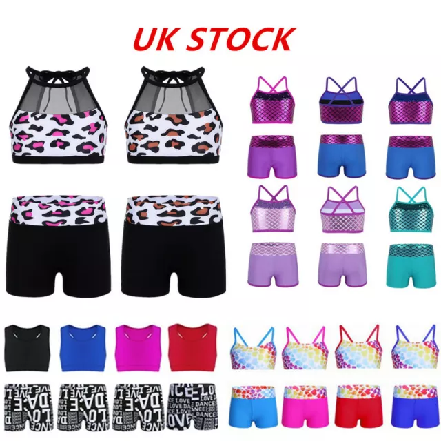 UK Kids Girls Sports Dance Outfit Crop Top Shorts Gymnastic Swim Tankini Costume