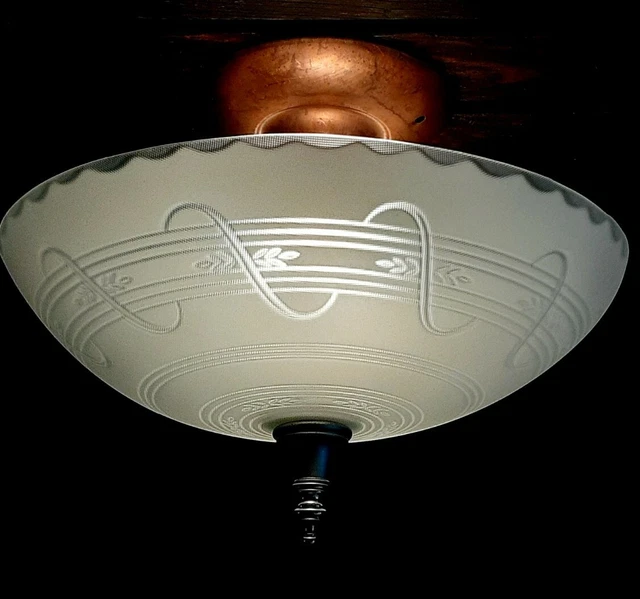 Vtg Art Deco Round Frosted Clear Glass Semi-Flush Light Fixture