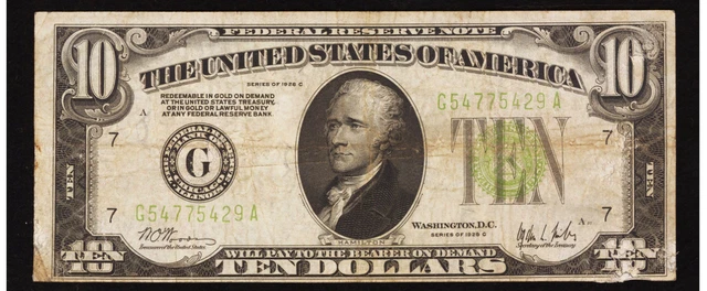 KEY NOTE  CHICAGO Fr. 2003-G $10 1928C Federal Reserve Notes. WOODS / MILLS V/F 3