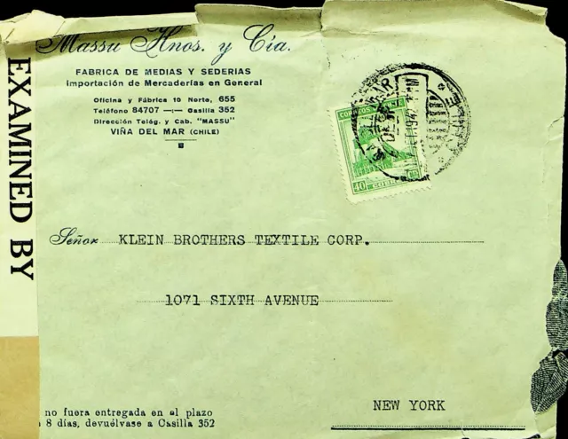 CHILE 1942 WWII 40c ON CENSORED COVER FROM VINA DEL MAR TO NEW YORK USA