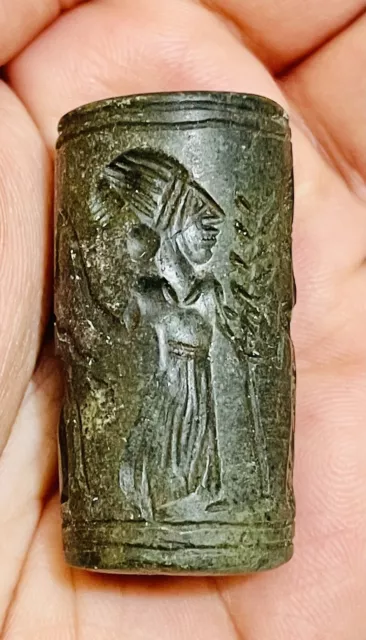 Wonderful Rare Antique Near East Old Black Stone Cylinder Bead Seal Circa 250BC