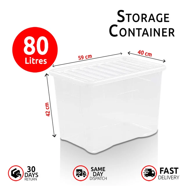 80L PLASTIC STORAGE Boxes With Lids Stackable Boxes Clear Containers Home Office £15.99