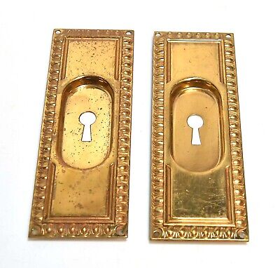 2 Matching Brass Vintage Key Hole Escutcheon Pocket Door Pulls Inserts Handles