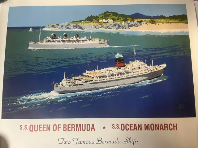 VTG ADOLPH TREIDLER 1980's ￼Travel Poster SS Queen Bermuda Ocean Monarch 19x25” 2