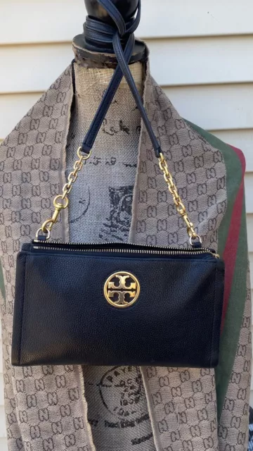 Tory Burch Crossbody Wallet Pebble Leather Black Purse/ Gold Chain Handbag