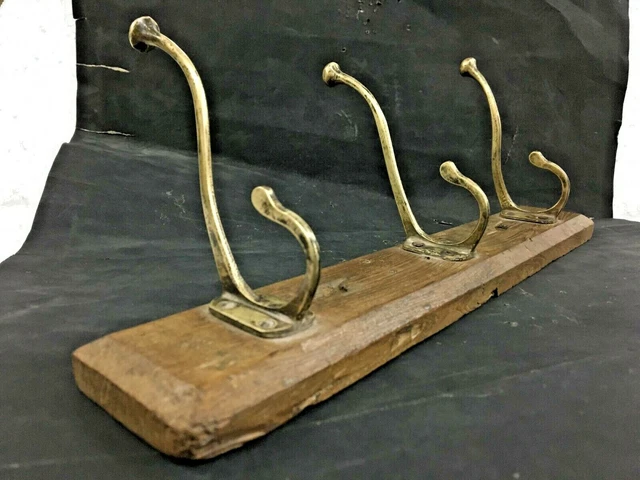 Old Vintage 3 Brass Wall Hanging Hook Fitted In Original Wooden Block