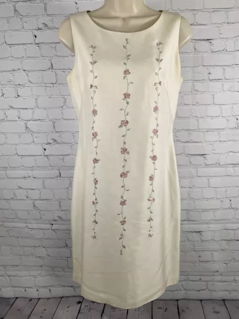 Casual Corner White 100% Silk Rose Embroidered Sleeveless Slip Dress Size 4 *