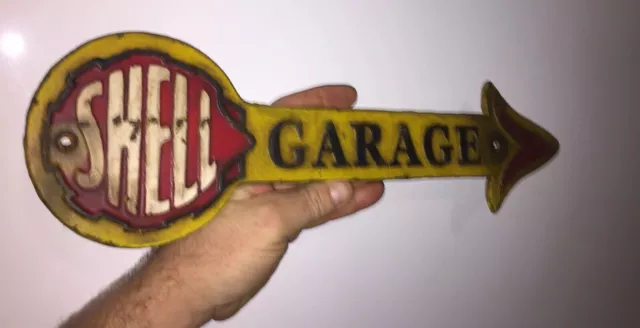 Shell Oil Garage Cast Iron Sign 16” Solid Metal Patina Amoco Texaco Sinclair