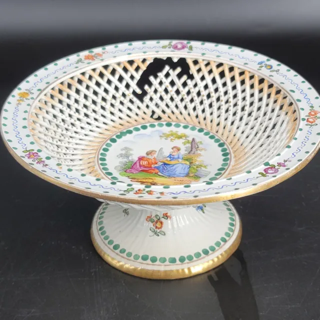 Klemm Dresden Porcelain Lattice Footed Bowl Antique Hand Painted Late 1800 DAMAG