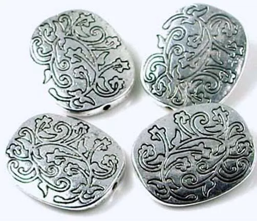 4 Antique Silver Pewter Large Oval Focal Beads texture 26mm