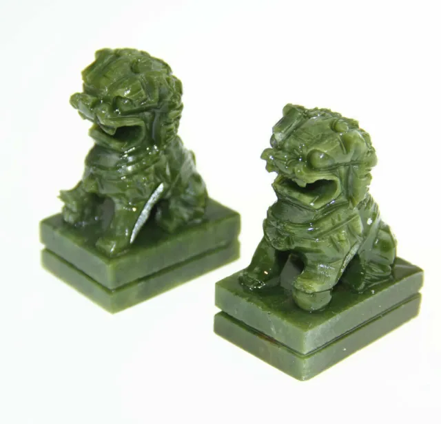 A Pair Natural China Green Jade Carved Fengshui Foo Fu Dog Guard Door Lion 42966