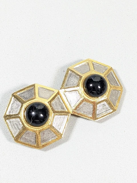 Vintage Accessocraft Two Tone Geometric Black Cabochon Art Deco Bolo Slide