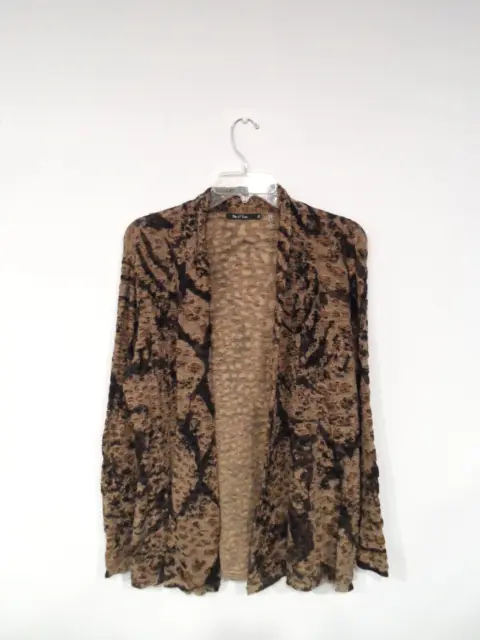 Nic + Zoe Womens Cardigan Size XL Tan Black Textured Knit Pattern Open Front Top