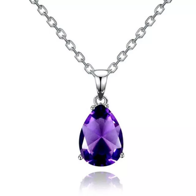 Fashion Lady Silver Drop Purple Zircon Pendant Necklace Classic Joker Jewelry