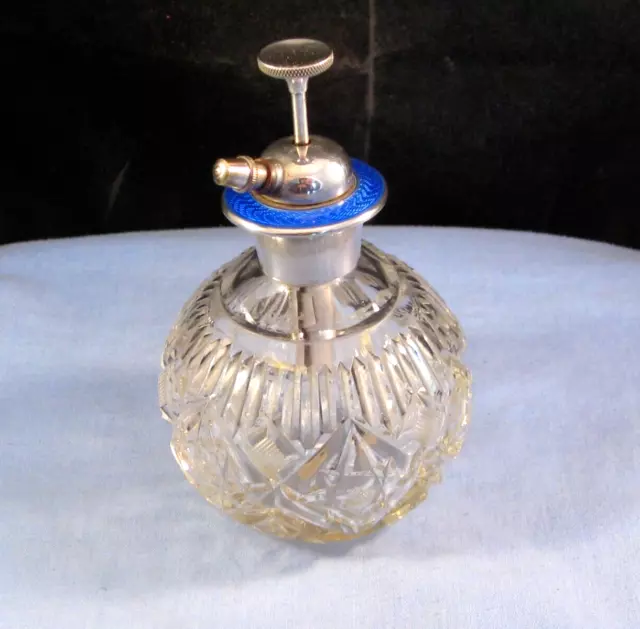 Antique Sterling Silver & Guilloche Enamel Glass Atomiser Perfume Scent Bottle