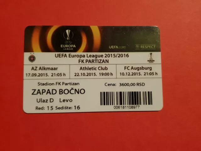 Used Ticket UEFA CL EL 2015/16 Partizan Beograd Abo vs Augsburg Bilbao Alkmaar