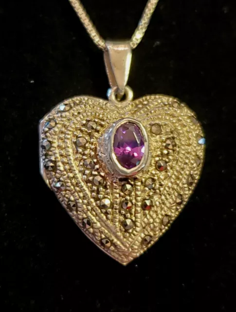 HECHT'S Vintage Marcasite & Amethyst Heart Locket  Necklace with Sterling Silver