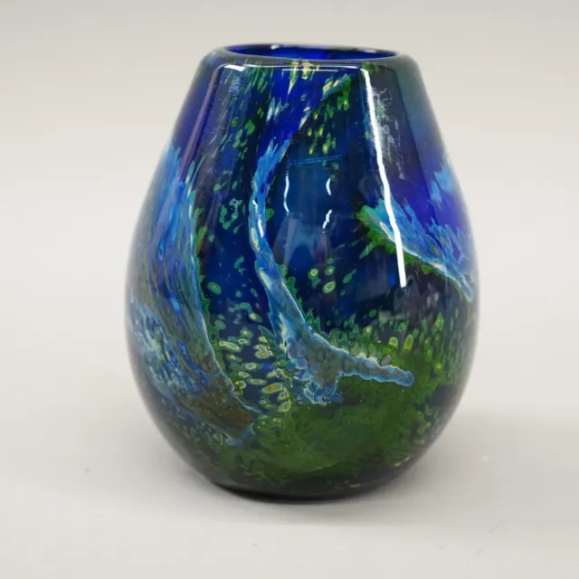 Murano Art Glass Vase Cobalt Blue With Green " Waves " Hand Blown Stunning