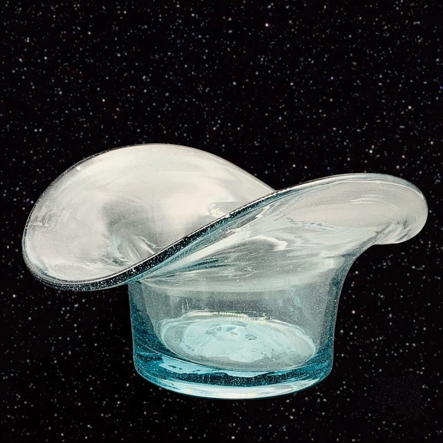 Vintage Art Glass Light Blue Hand Blown Top Hat Vase 4.5”T 9”W