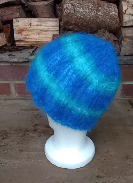 Hand Knitted Striped Mohair Beanie in Royal Blue