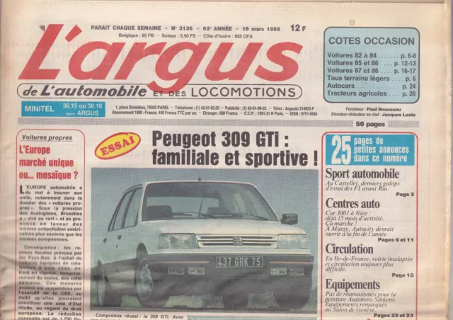 L'argus N°3136 Peugeot 309 Gti / Salon De Geneve / Castellet / Autocity & Massy