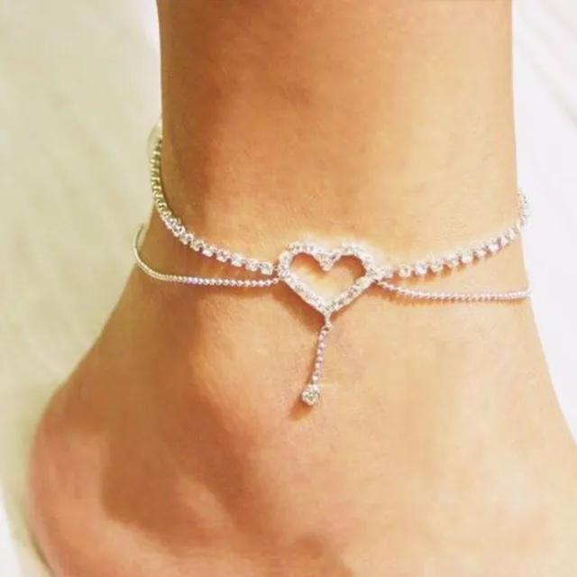 Adjustable Ankle Bracelet Crystal Heart Silver Anklet Women Foot Chain Jewelry