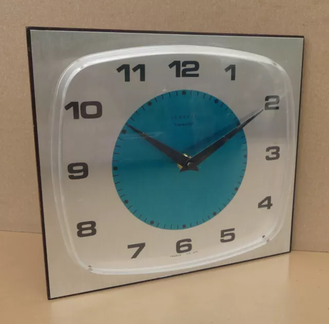Pendule VEDETTE TRANSISTOR vintage alu turquoise ancien horloge MARCHE old clock