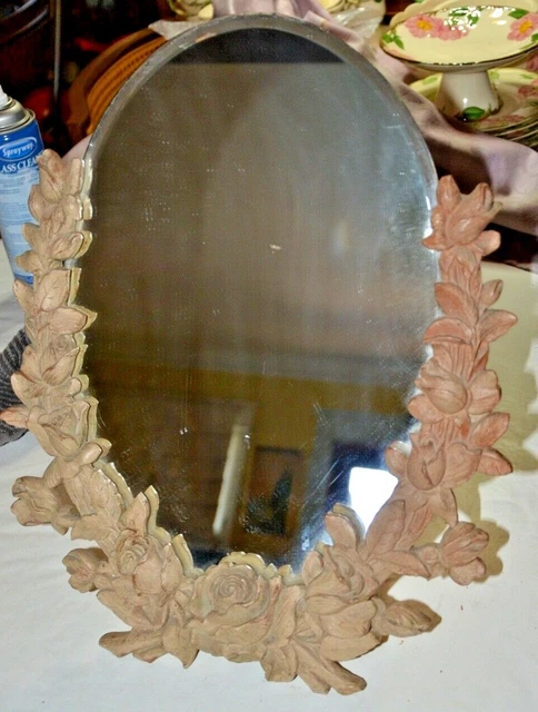 Maravilloso Antigüedad Madera Enmarcado, Tallado Rosas, Ovalado, 45.7cmX38.1cm