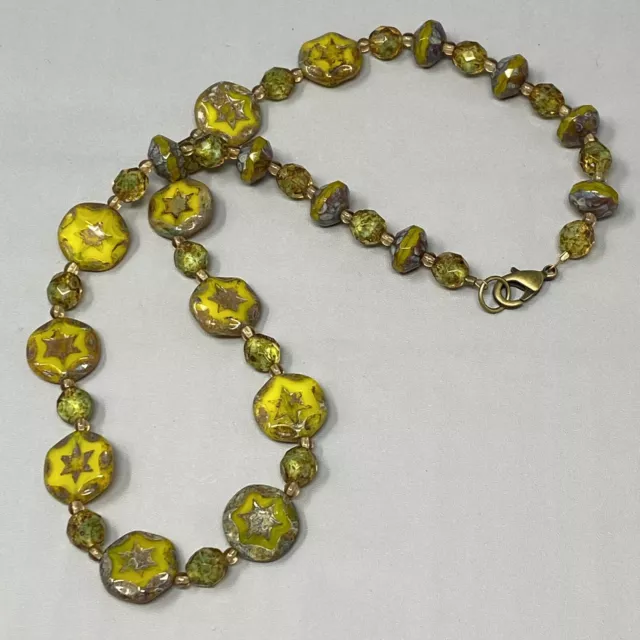 Czech Art Glass Necklace Yellow Table Cut Bead Star Center Marble Art Deco 19"