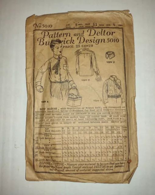 Pattern and Deltor Butterick Design 5010 1921 Boys Blouse Age 5