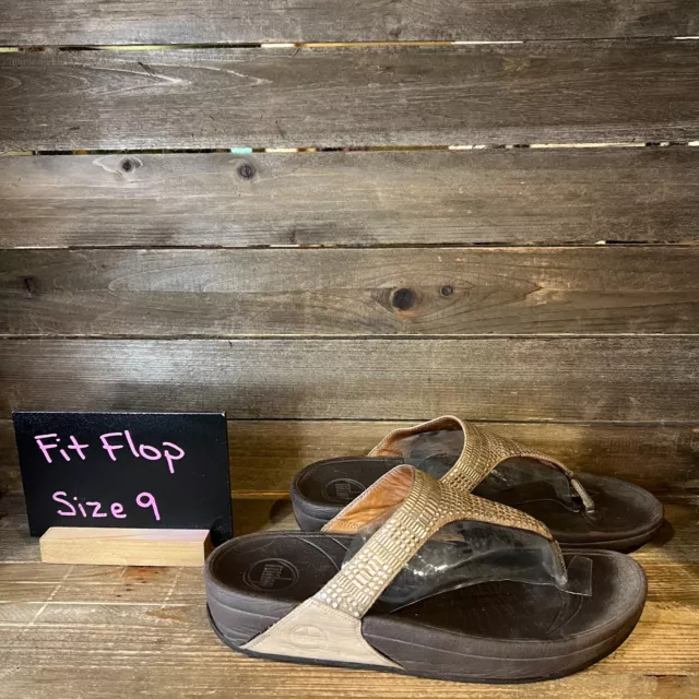 Womens FitFlop Chada Brown Leather Thong Jeweled Flip Flops Sandals Size 9 M GUC