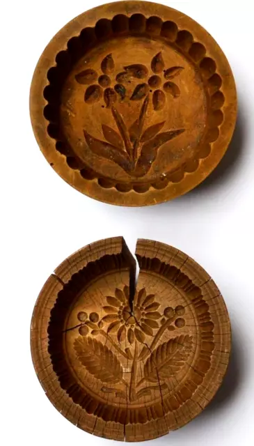 2 alte Buttermodel Butterformen Holz handgeschnitzt 19. Jh. Blumenmotiv Ø11-12cm