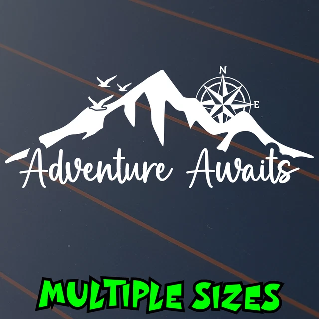ADVENTURE AWAITS STICKER Car Decal Compass Mountains Camping Explore ...
