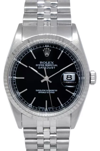 Rolex Datejust Steel & 18k White Gold Bezel Black Dial Mens 36mm Watch W 16234
