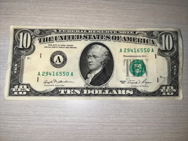 Series 1981 ~ US Ten Dollar Bill Note $10 ~ Possible Ink Error~A29416550 A