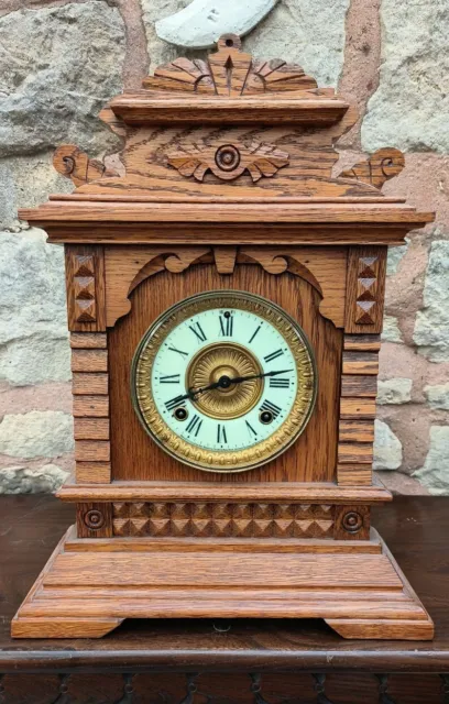 Antique Ansonia American Oak Gingerbread Mantel Clock 8 Day Striking 1900 USA