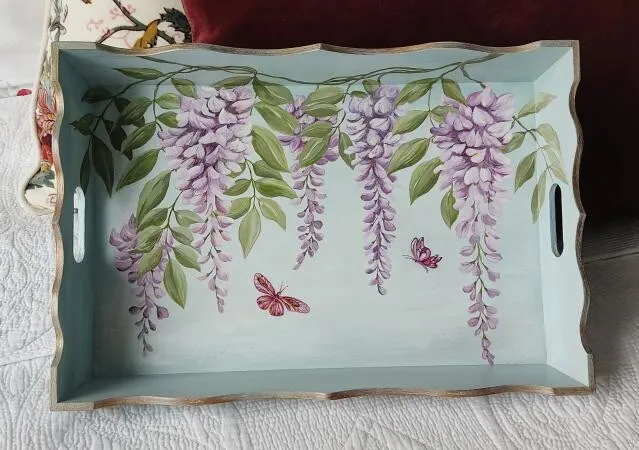 Hand Painted Wooden Tea Tray On Cushion “ WISTERIA” Artist Lyuba Afonina.