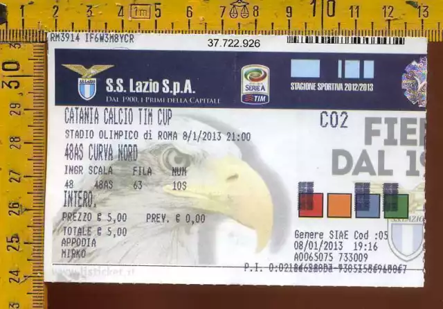 Biglietto Calcio Lazio Catania 2013