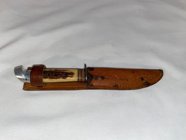 Vintage Western Boulder Jigged Bone 8" Fixed Blade Hunting Knife W/Leathr Sheath