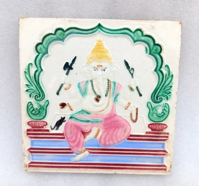 Vintage Old Majolica Nouveau Architecture God Ganesha Porcelain Ceramic Tile