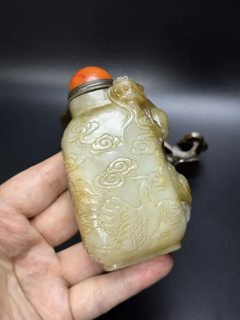 Chinese Exquisite Handmade Dragon carving Hetian Jade Snuff Bottle