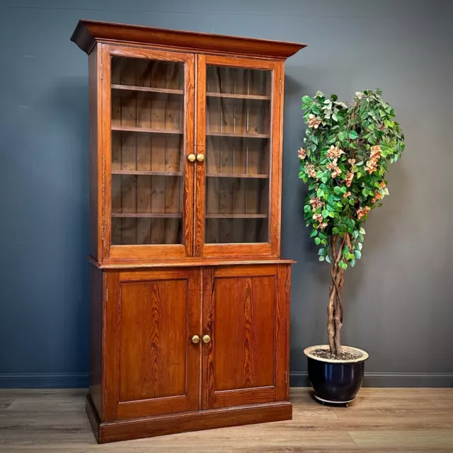 Lovely Very Large Antique Rustic Victorian Pitch Pine Glazed Bookcase Cabinet